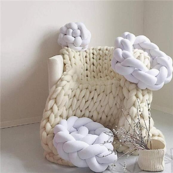 Chunky Knit Blanket Hand Made Merino Wool Throw Boho (Ivory White 40"x60") - Picture 4 of 8